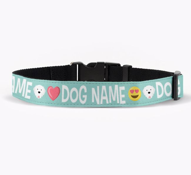 Personalised Fabric Collar with Emojis and {breedFullName} Icon for {dogsName}